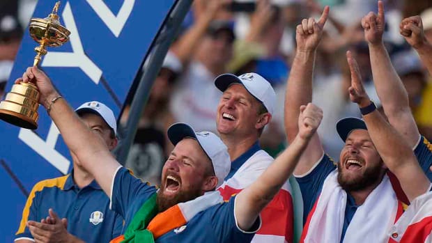 Europe's Shane Lowry lifts the Ryder Cup after Europe won the trophy defeating the United States at the Marco Simone Golf Club in Guidonia Montecelio, Italy, Sunday, Oct. 1, 2023.